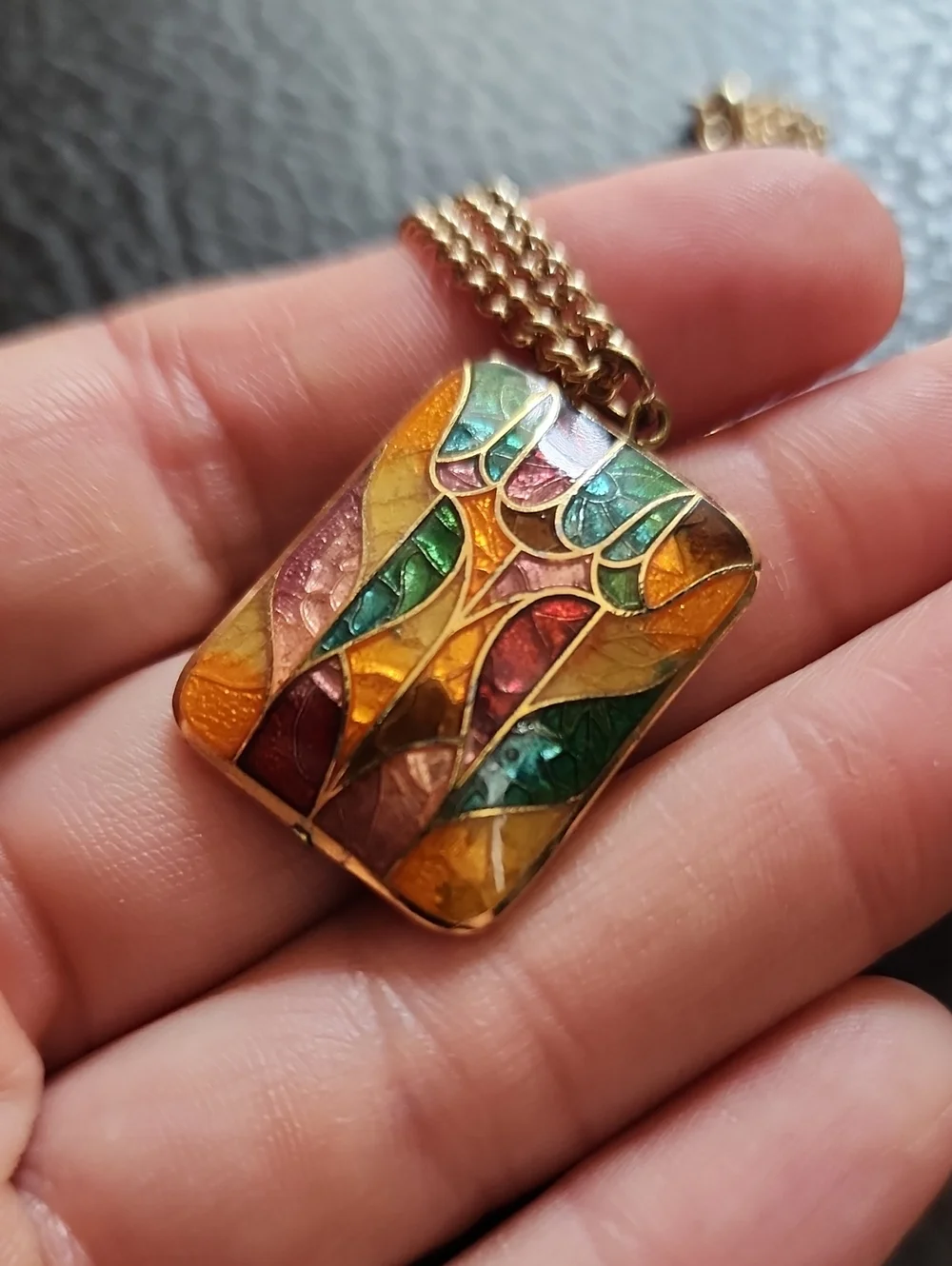 Multicolor Enamel Mosaic Pendant Necklace in Gold Tone